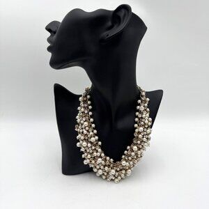 Nice Faux Pearl & Crystal Bead Bib Necklace Gold Tone Adjustable Length